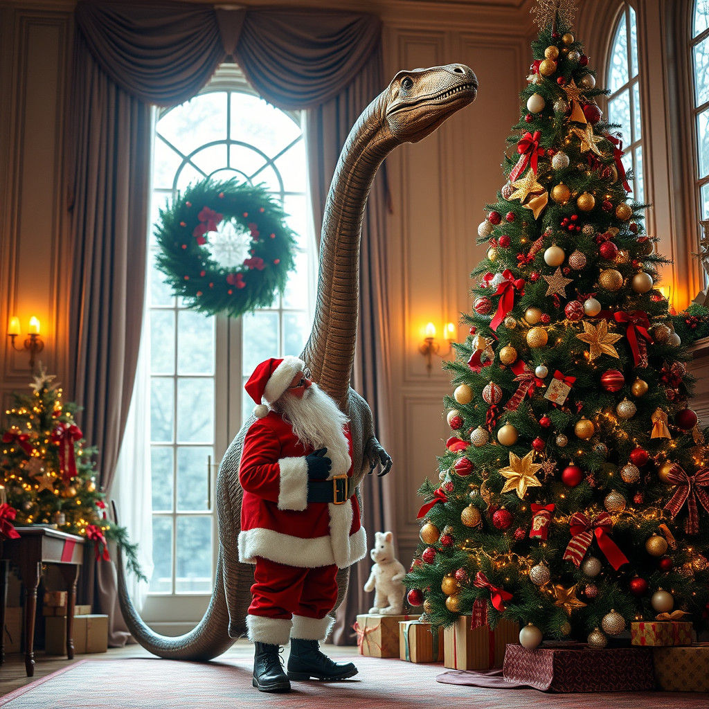 Santa and Diplodocus Christmas Scene