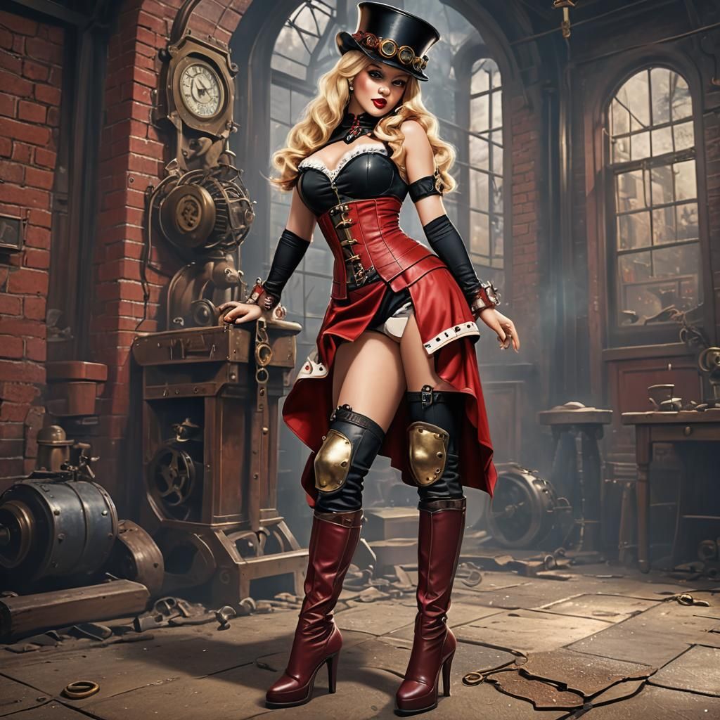 Steampunk Pin-Up Girl in Red Corselet