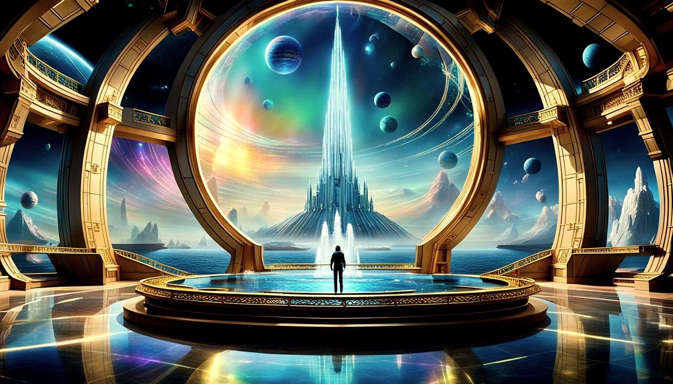 Galactic Council Chamber: Spacecraft Soaring Above Iridescen...