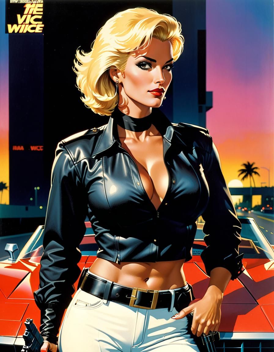 Miami Vice Detective Driving Corvette Comic Book Art