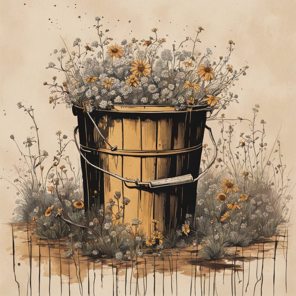 Wildflowers in Bucket on Barbed Wire