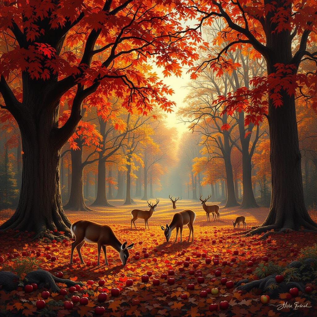 Enchanted Forest Scene with Deer Grazing in Fall