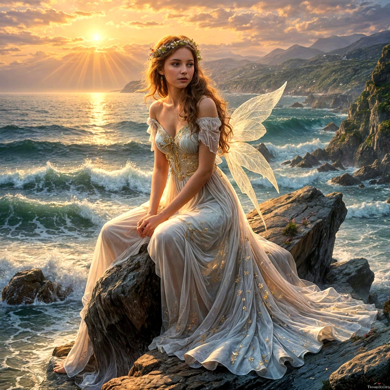 Ethereal Fairy Girl Overlooking Ocean, Fantasy Art