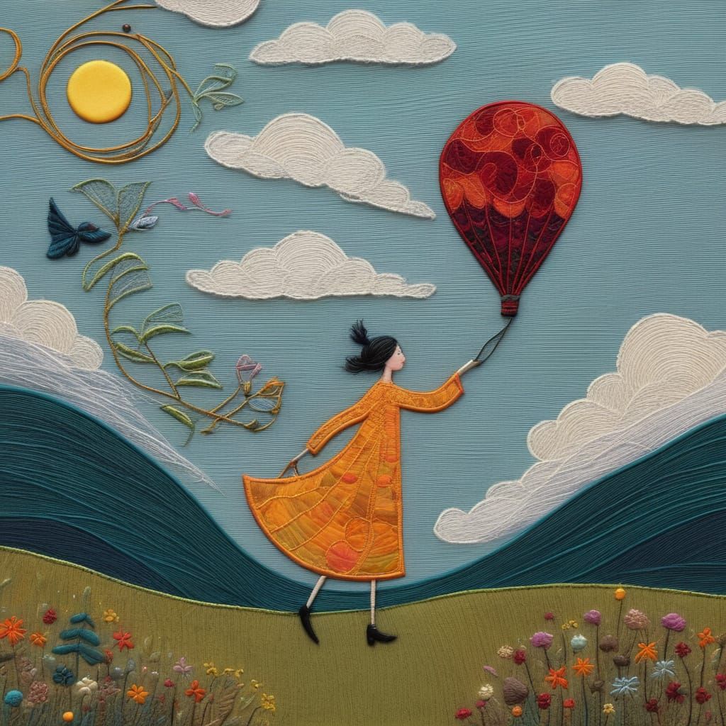 Whimsical Embroidered Fantasy Painting of a Wanderer