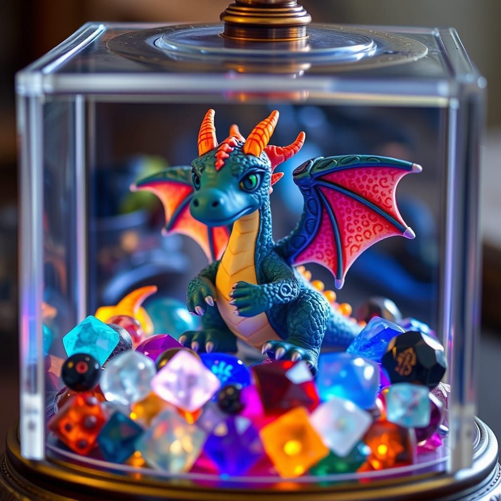 Miniature Dragon in Jewelry Box with Glowing Gems