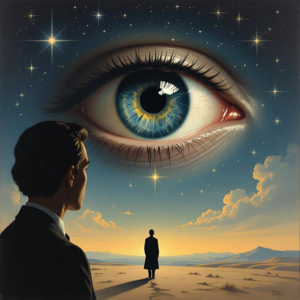 Surrealist Eye Observes Figure Under Starry Sky
