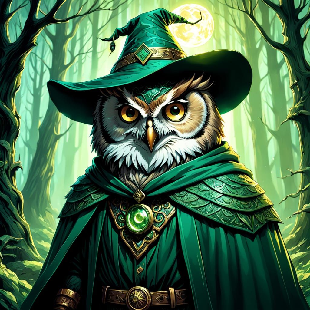 Owl Wizard in Green Cloak: Digital Matte Painting