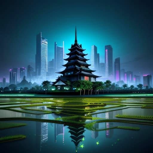 Surreal Tokyo cityscape with Rice Paddies, Temples, and Moun...
