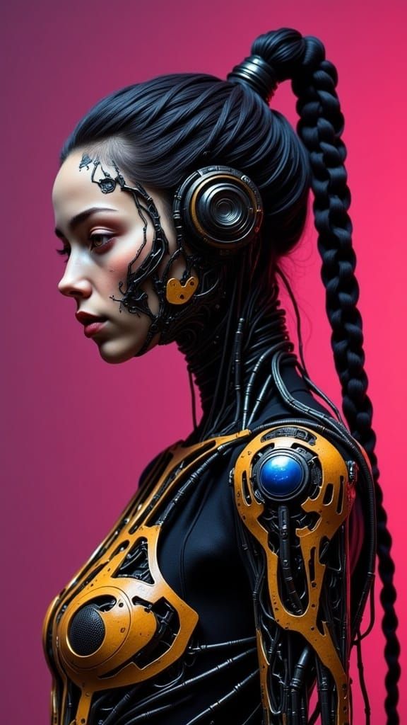 Cyborg Woman Portrait with Neon Tattoo Dress