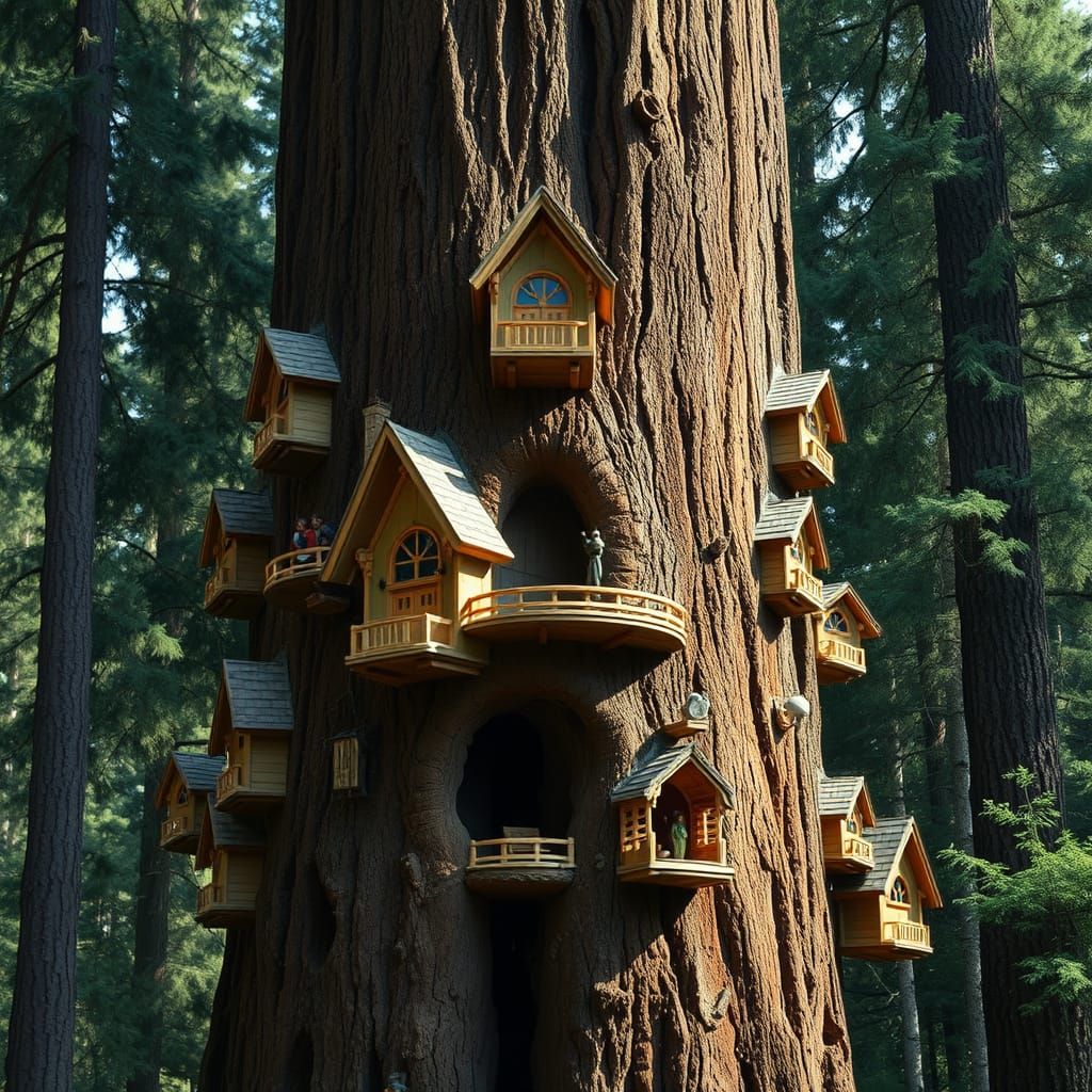 Redwood Sequoia with Tiny Houses: Miyazaki-Inspired Architec...