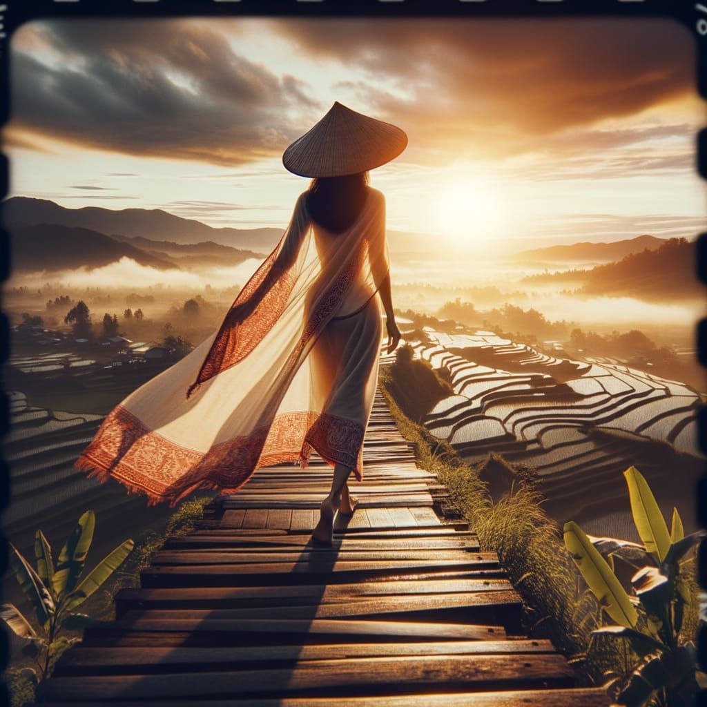 Asian Woman Strides Into Bright Horizon, Cinematic Growth