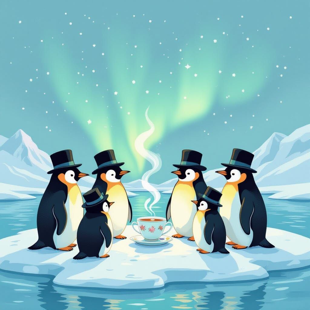Penguins in Bowler Hats Share Tea Under Aurora Borealis