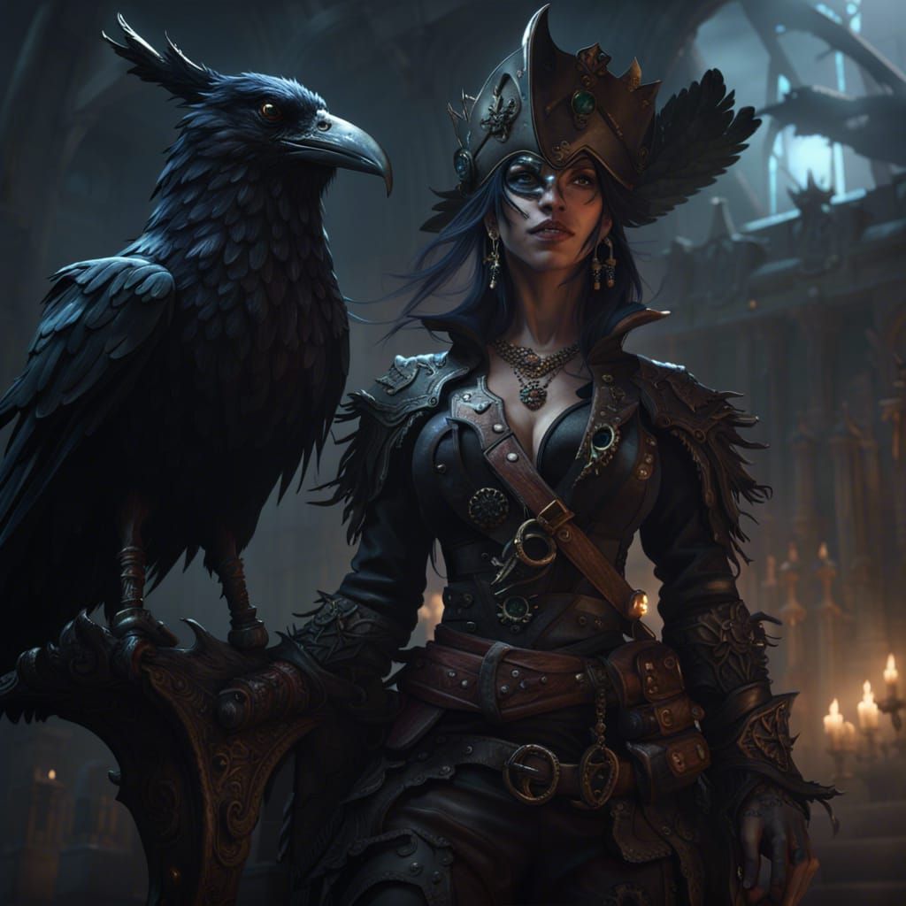Half-Demon Pirate with Raven in Dark Fantasy Style