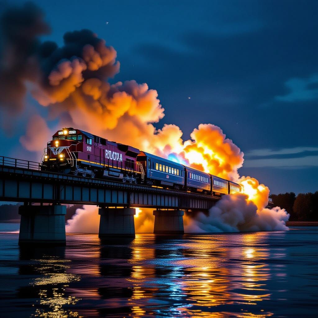 Fiery Train Wreck on Collapsing Bridge