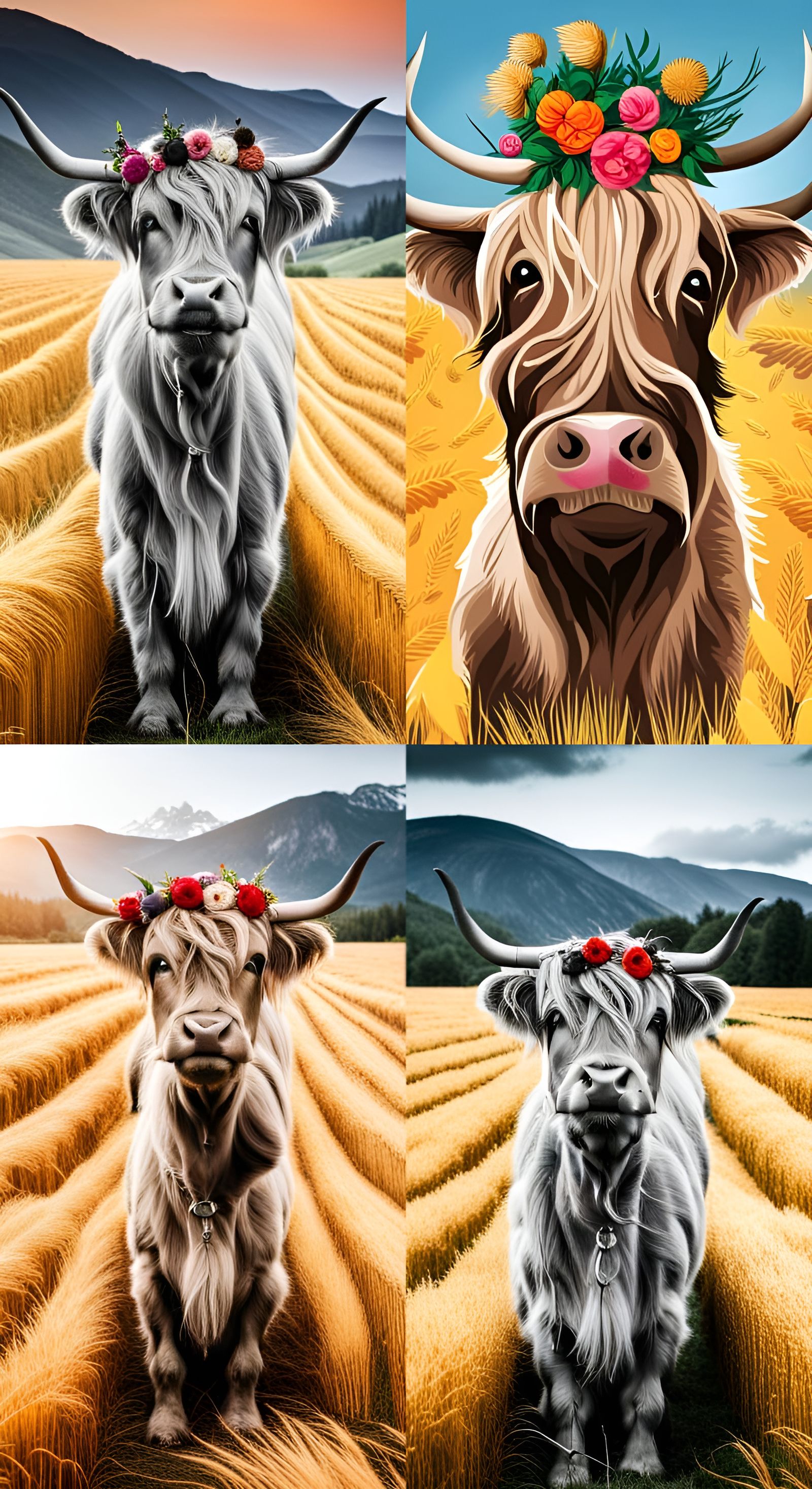 Highland Cow with Flower Crown in Wheat Field