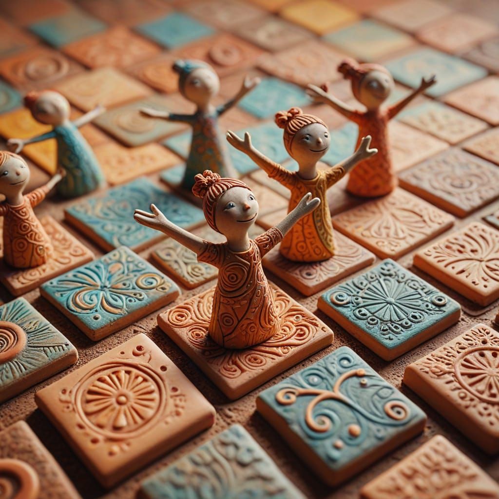 Whimsical Clay Art with Miniature Figures in Abstract Style