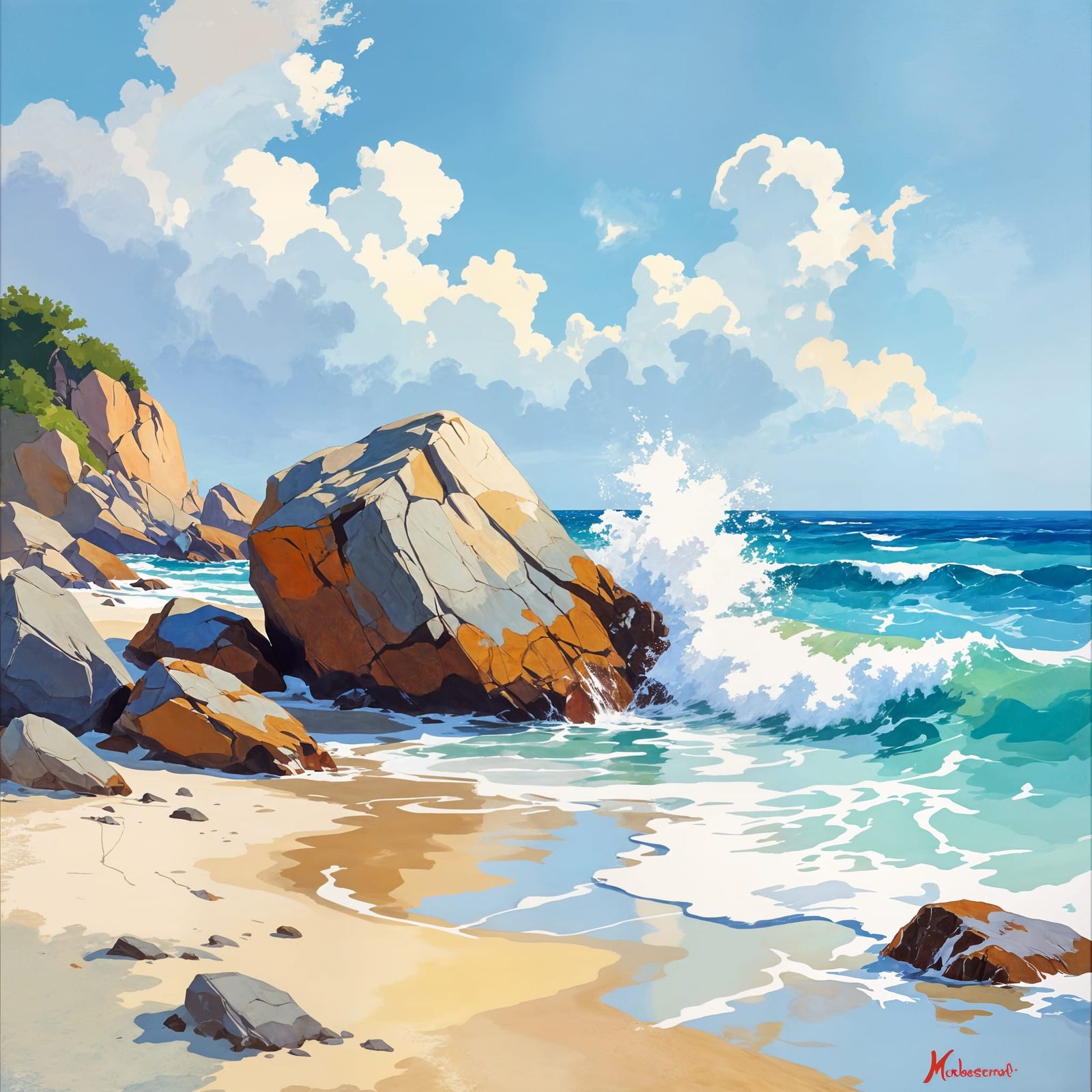 Epic Impressionist Seascape with Splashing Waves and Boulder...