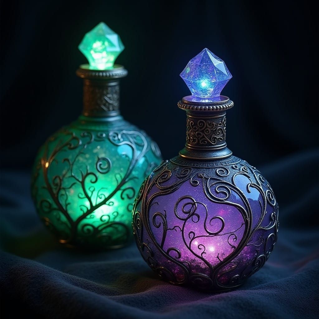 Mystical Bottles of Ancient Power, Dark Background
