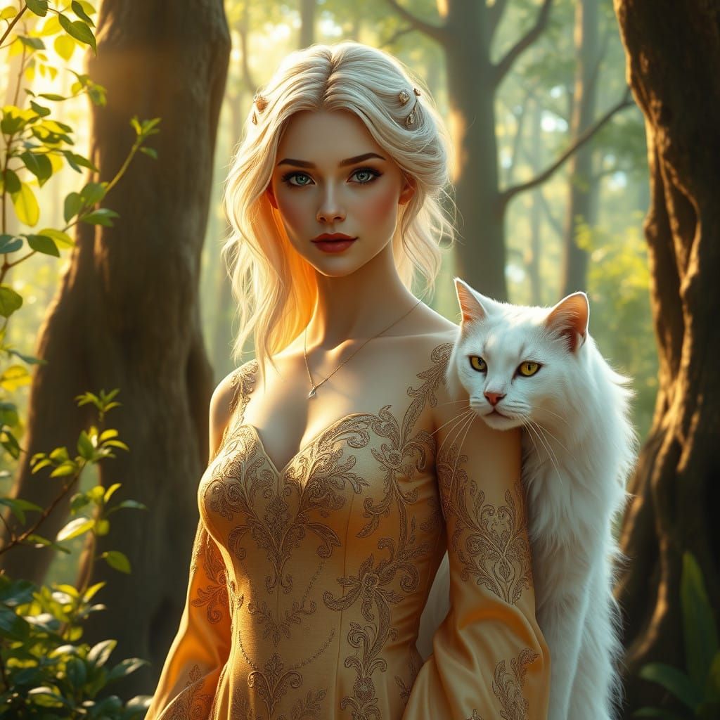 Ethereal Woman Surrounded by Serene Forest Landscape in Vibr...