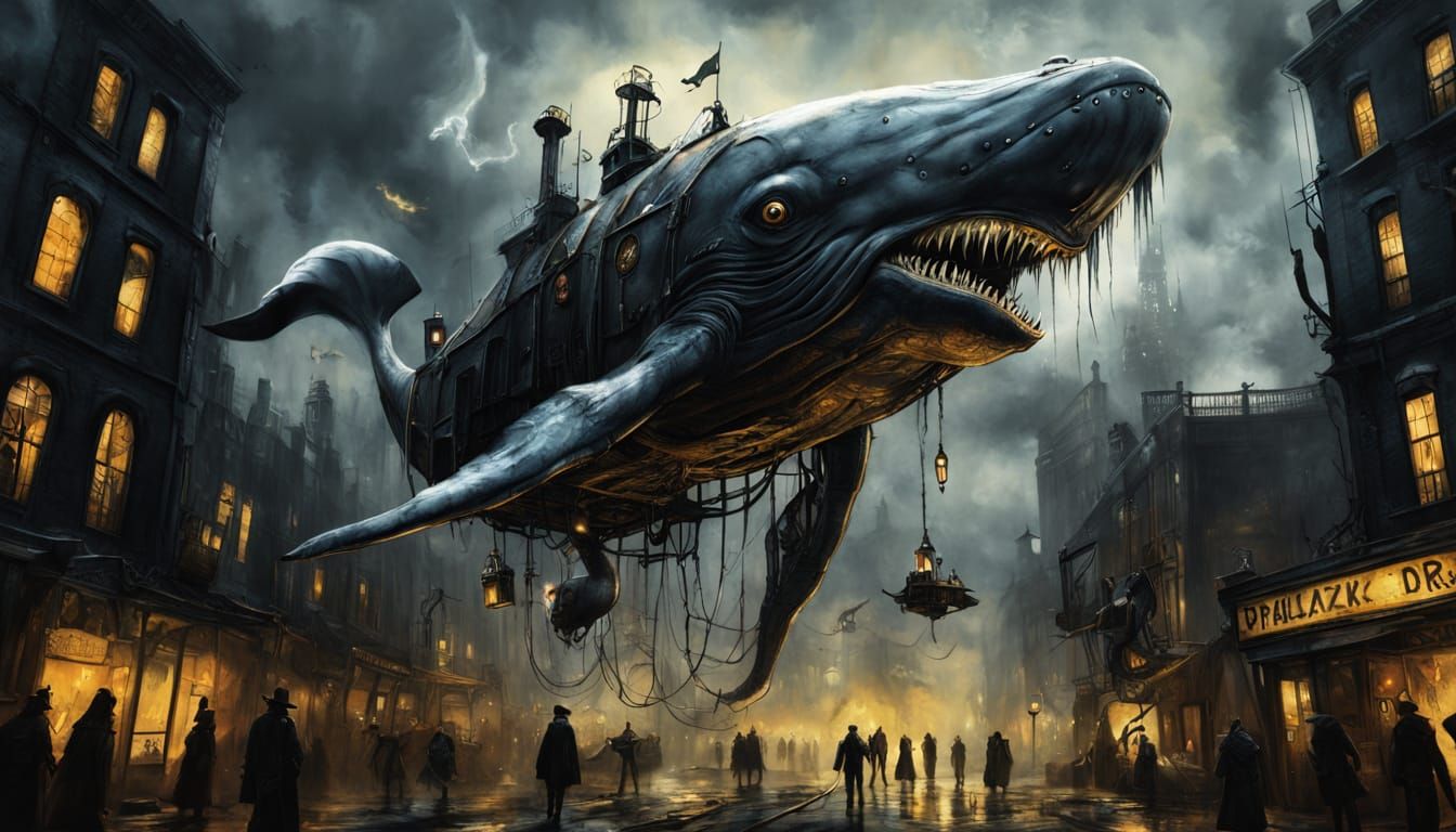 Gothic Steampunk Whale Descends Upon Dark City