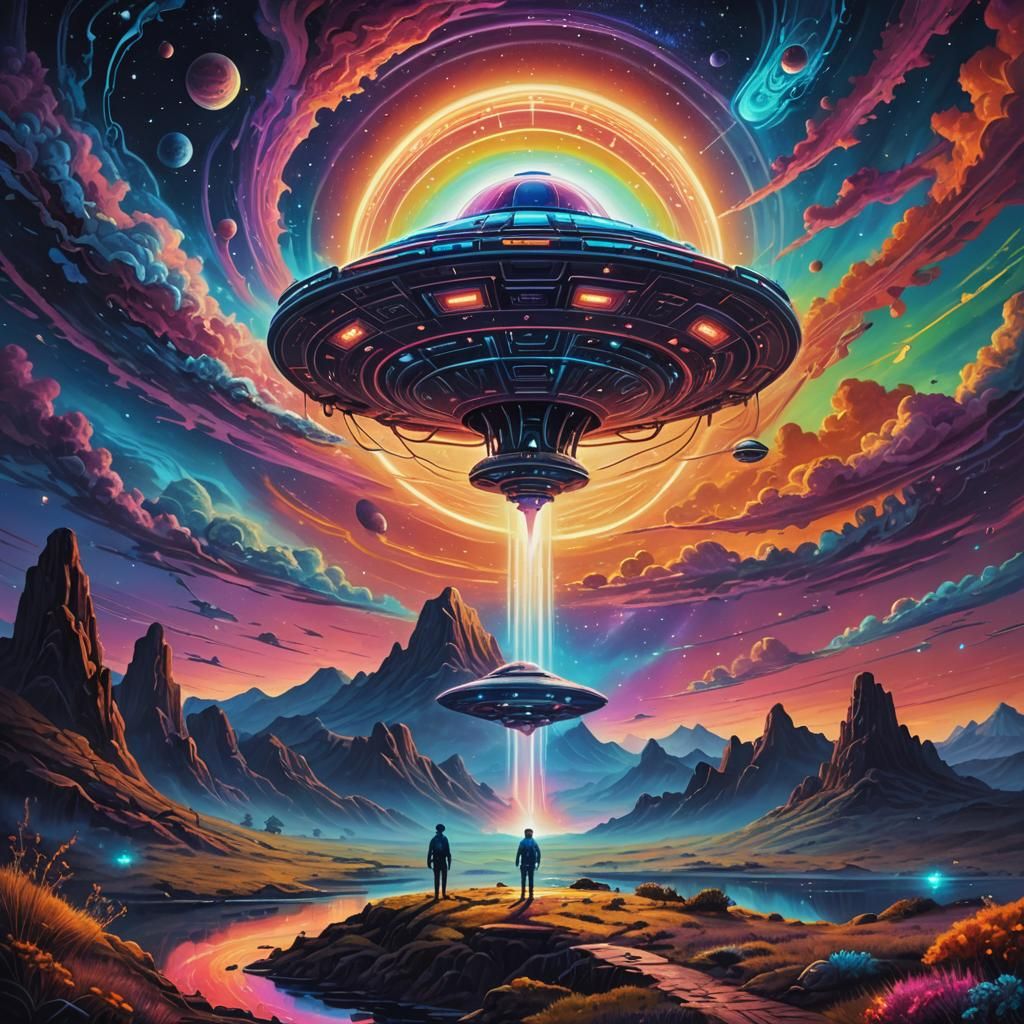 UFO and Alien in Surreal Cosmic Oil Painting