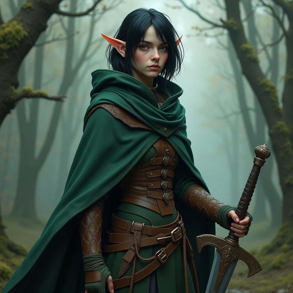 Teenage Elf with Scimitar in Fantasy Landscape