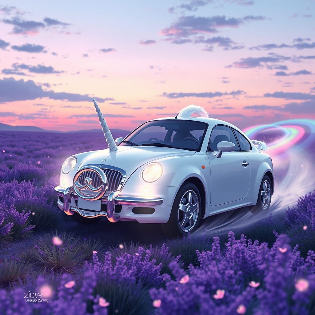 Unicorn Car in Lavender Meadow: Fairycore Anime Art