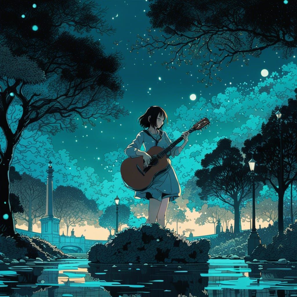 Woman Playing Guitar in Park, Nihei Style