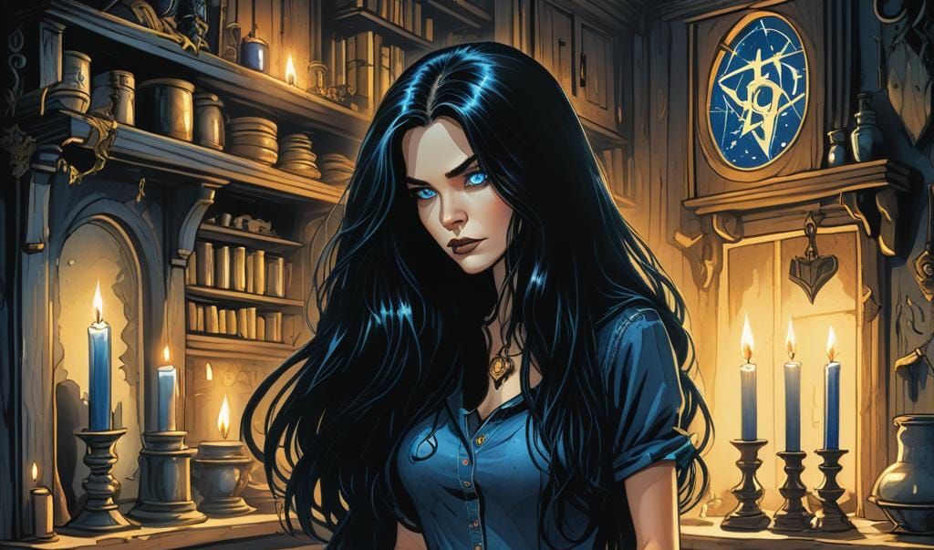 Woman Reading Witchcraft Book in Vintage Kitchen