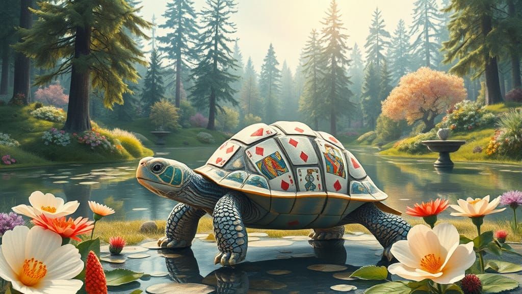 Surreal Turtle Made of Playing Cards by Pond