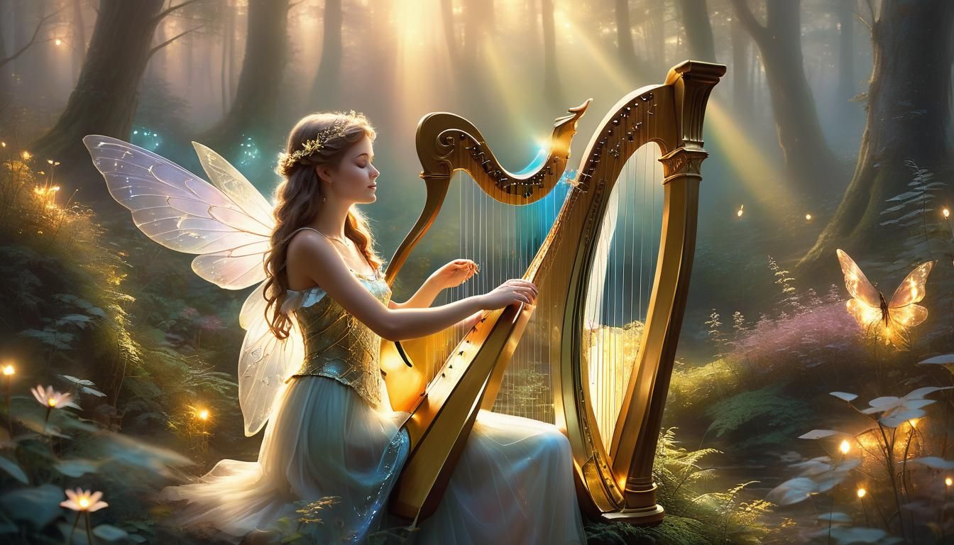 Fairy Playing Harp in Misty Forest at Sunset
