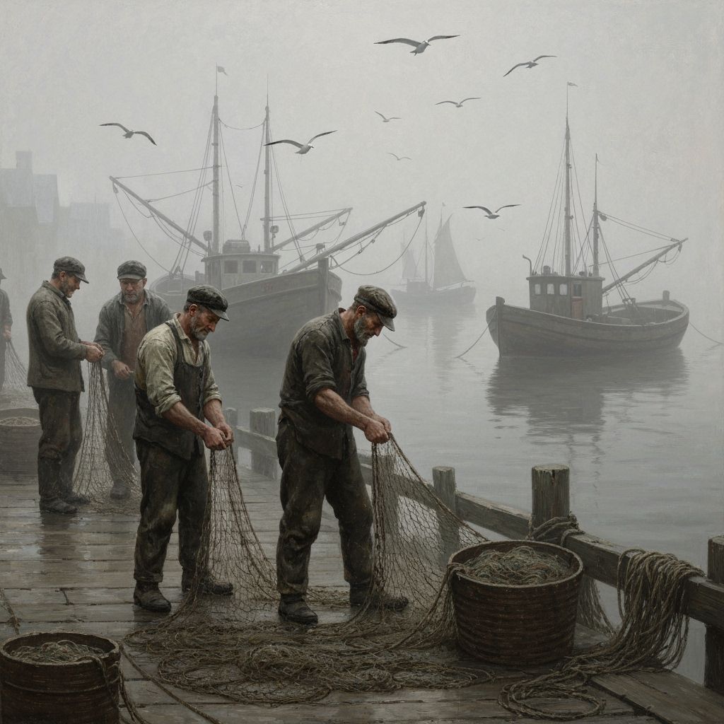 Fishermen Mending Nets on Foggy Pier in Oil Painting Style