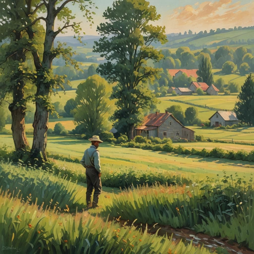 Impressionist Farmer in Field at Golden Hour