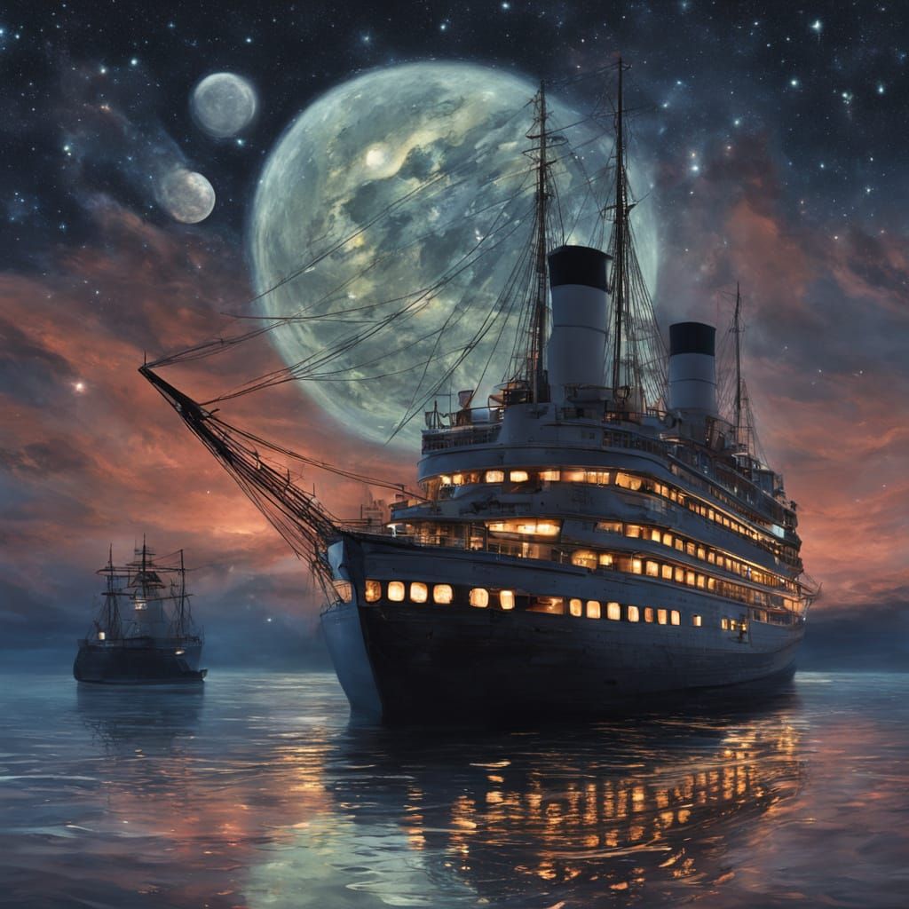 Glow of Titanic-like Ship Sailing Under Starry Night Sky