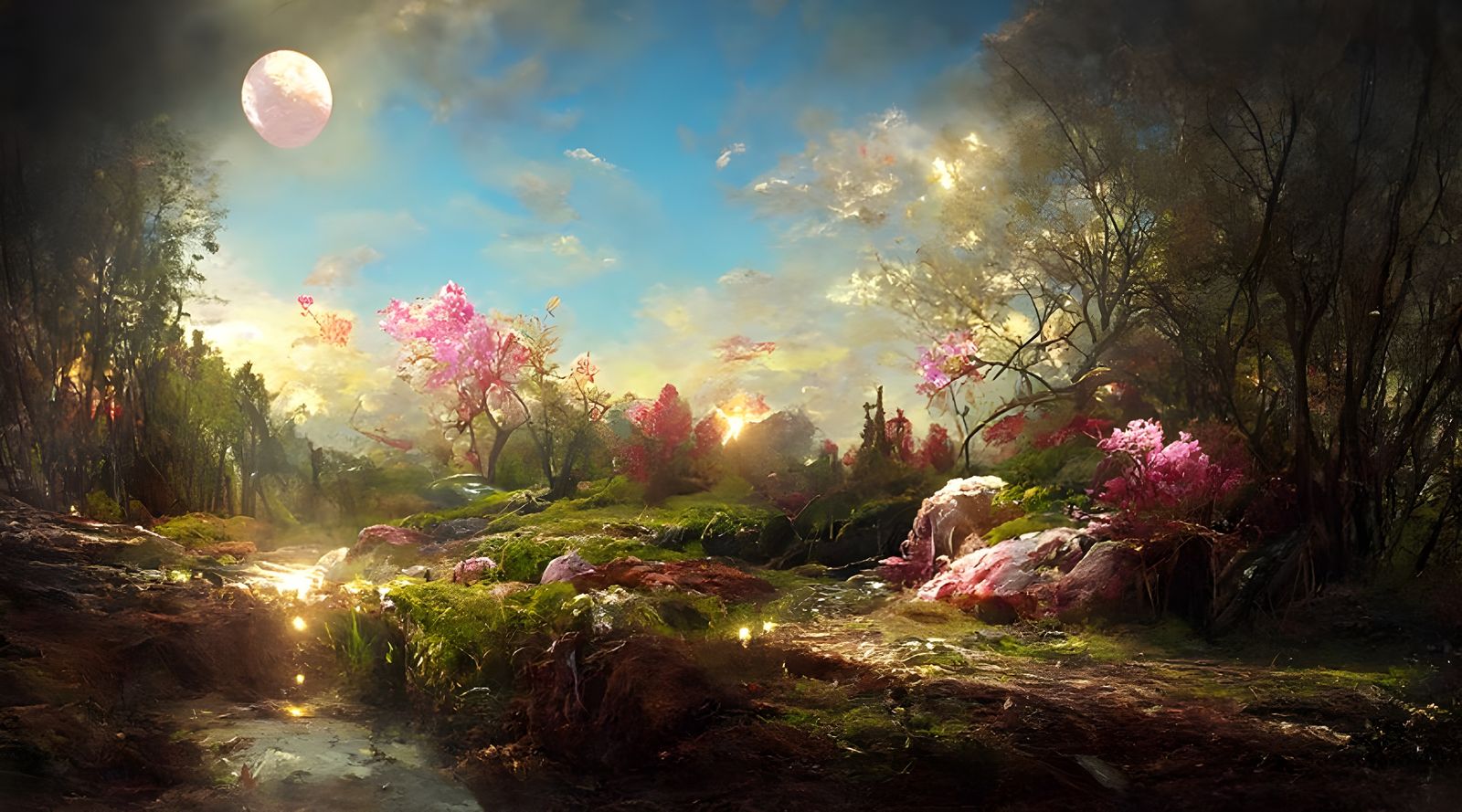 Ethereal Pink Forest Landscape Oil Painting