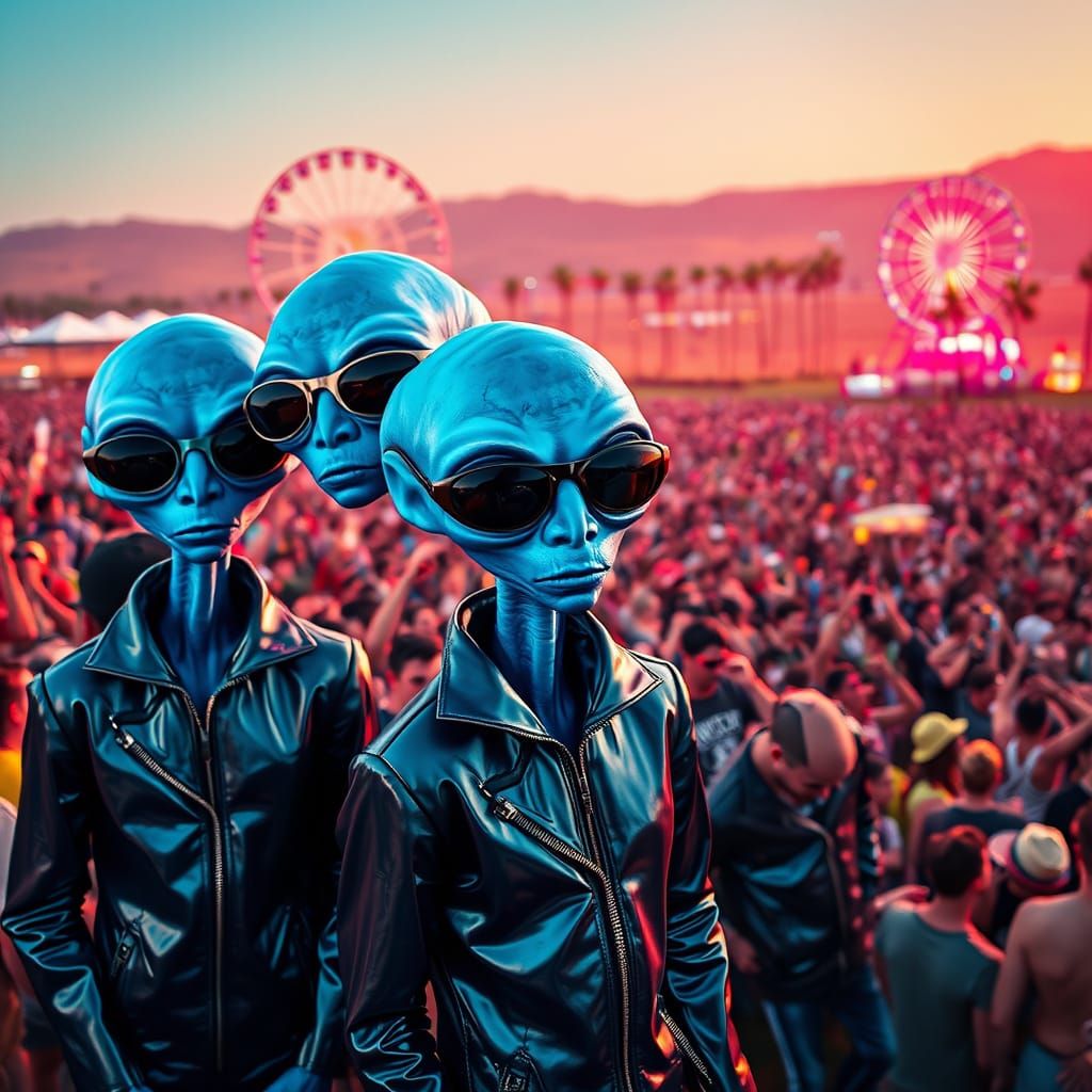 Blue Aliens Experience Coachella in Photorealistic Style