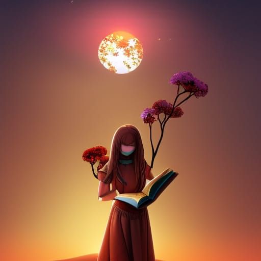 Chibi Stained Glass Woman Reading in Desert