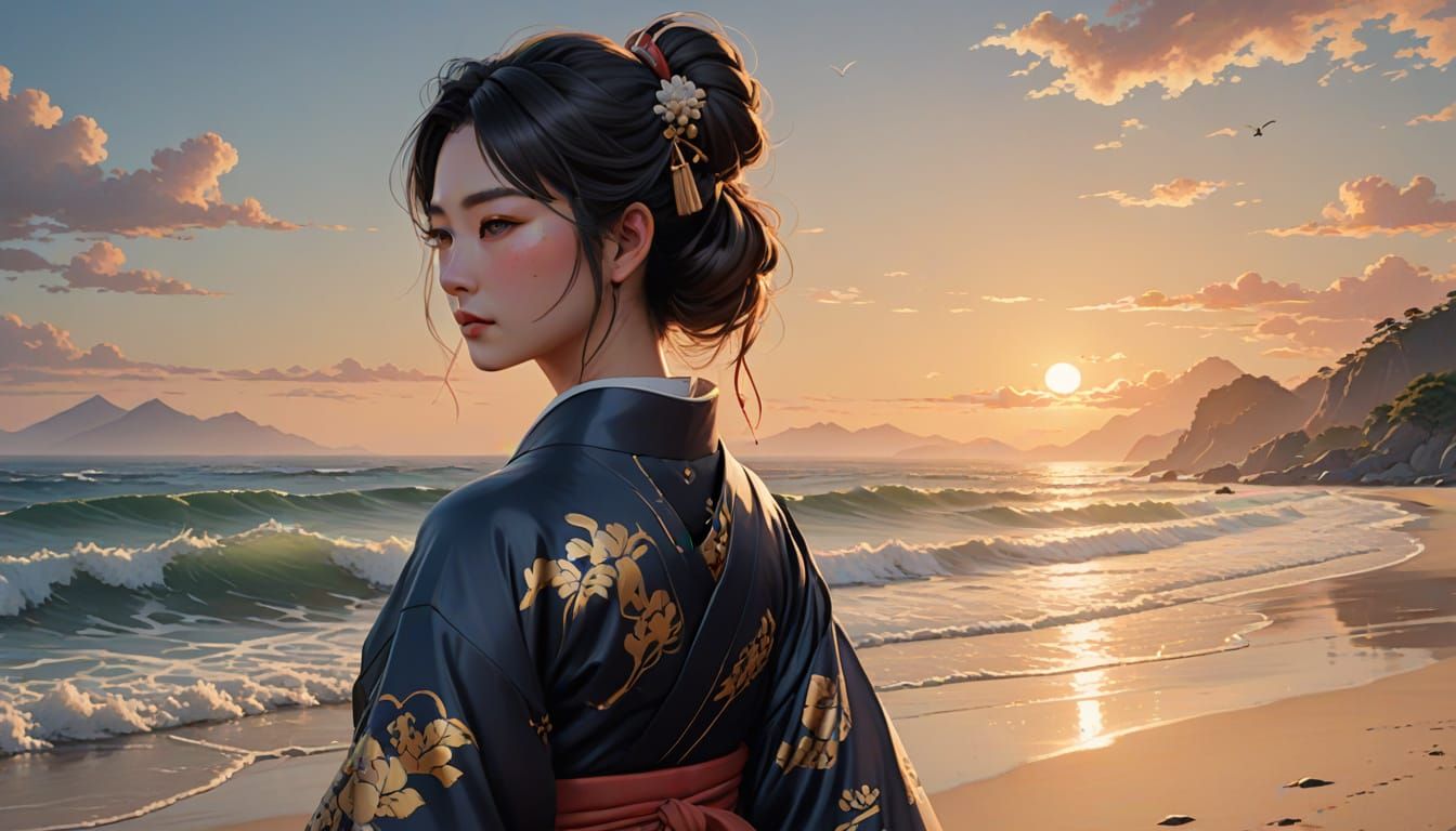 Japanese Woman on Beach at Dusk in Traditional Painting Styl...