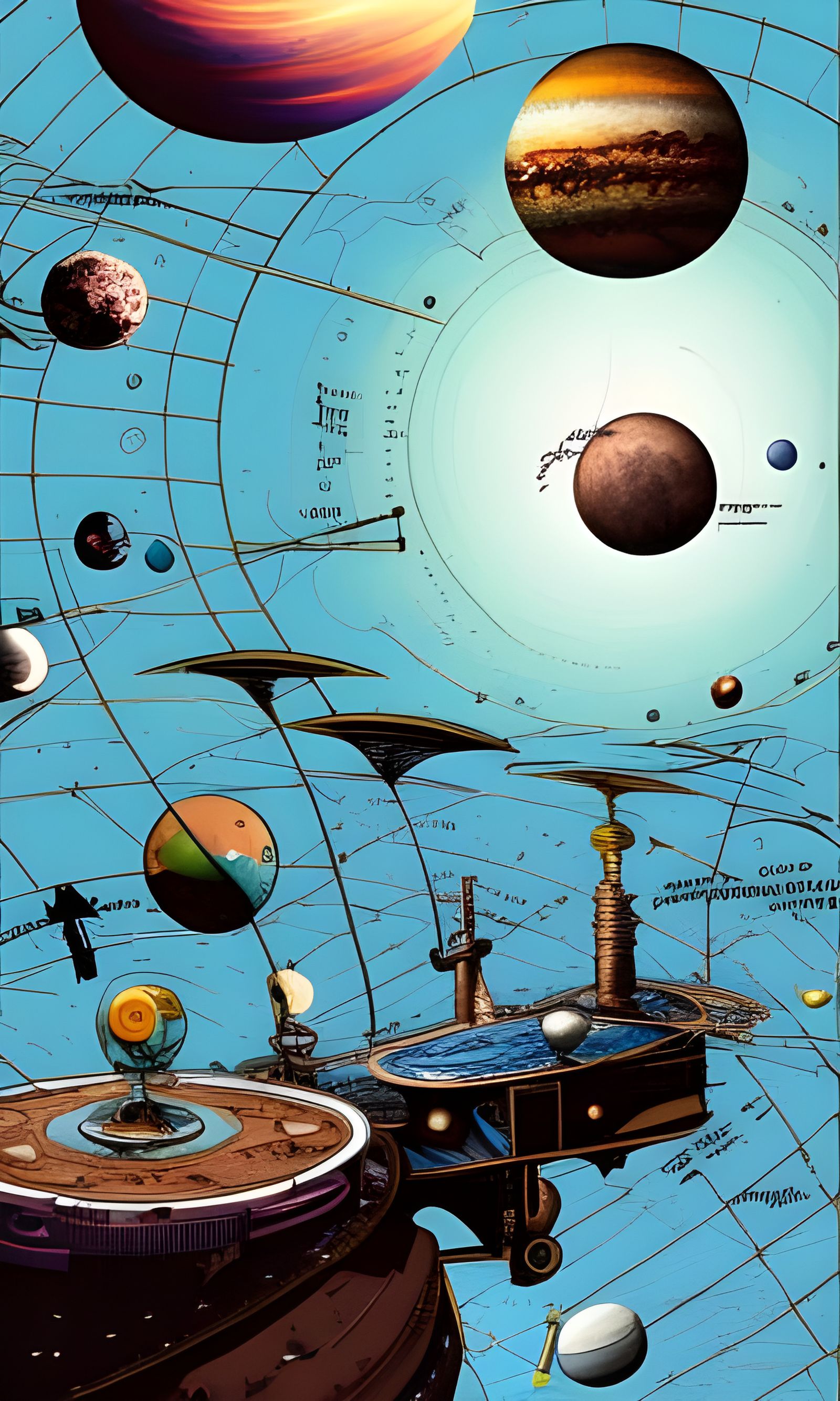 Steampunk Solar System Map in Watercolour Style