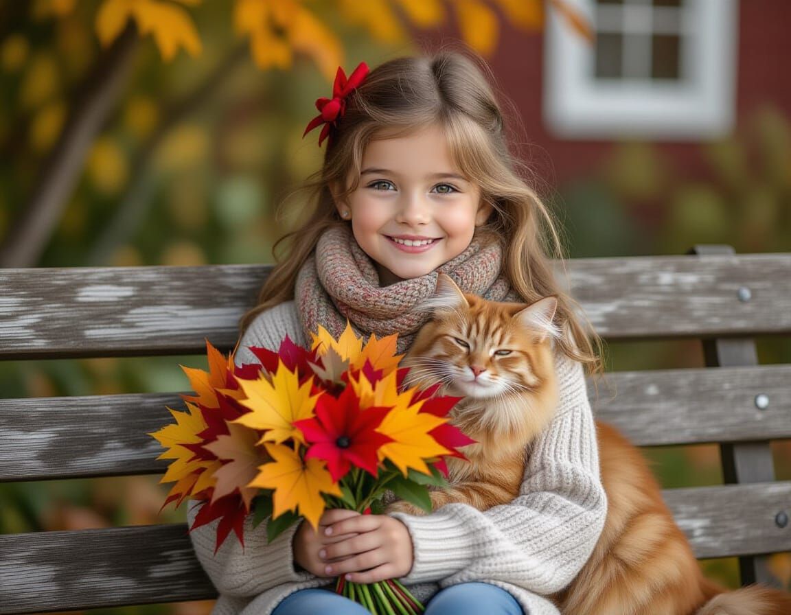 Autumn Girl with Cat: Hyperrealistic Photography