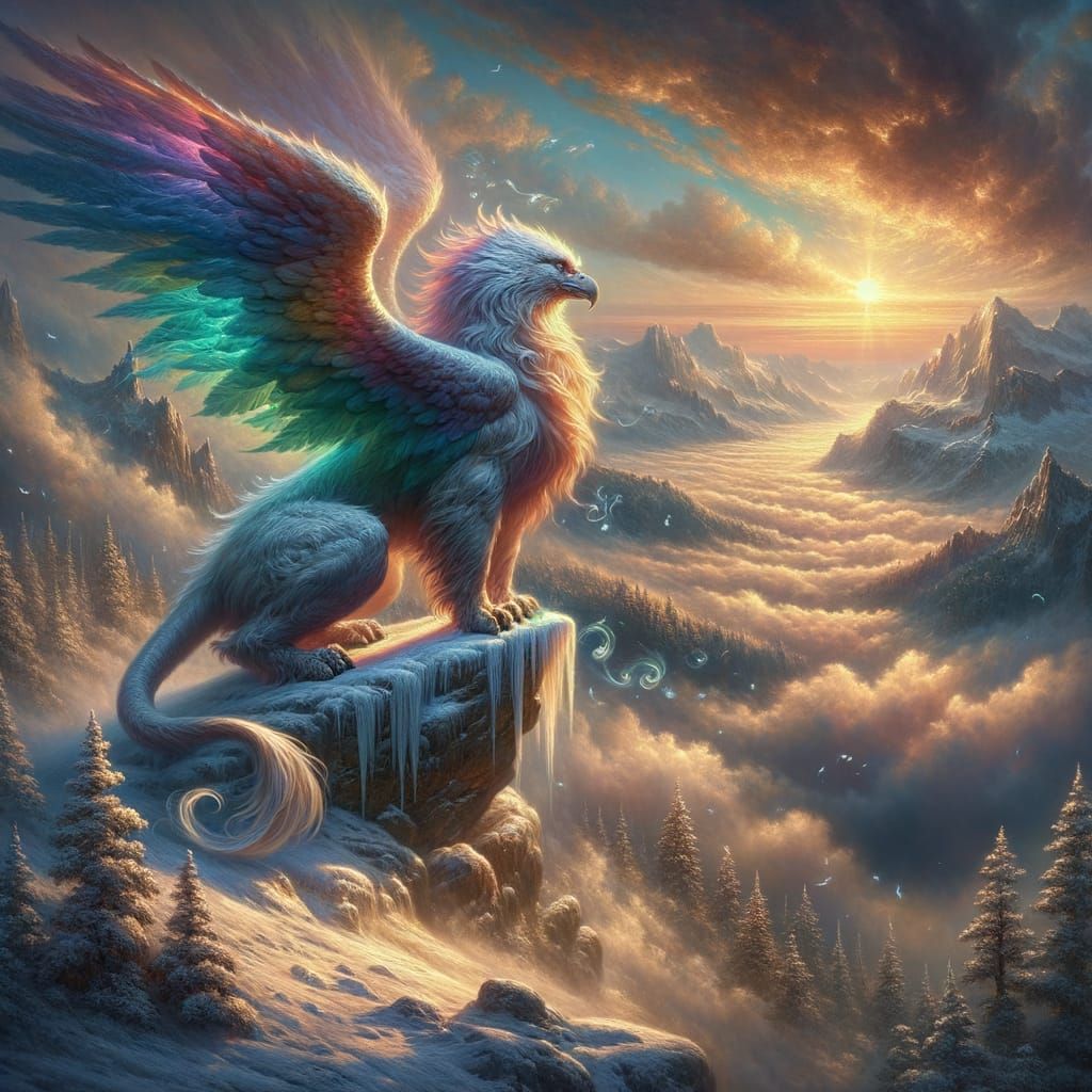 Griffin Overlooking Misty Valley in Classical Painting Style