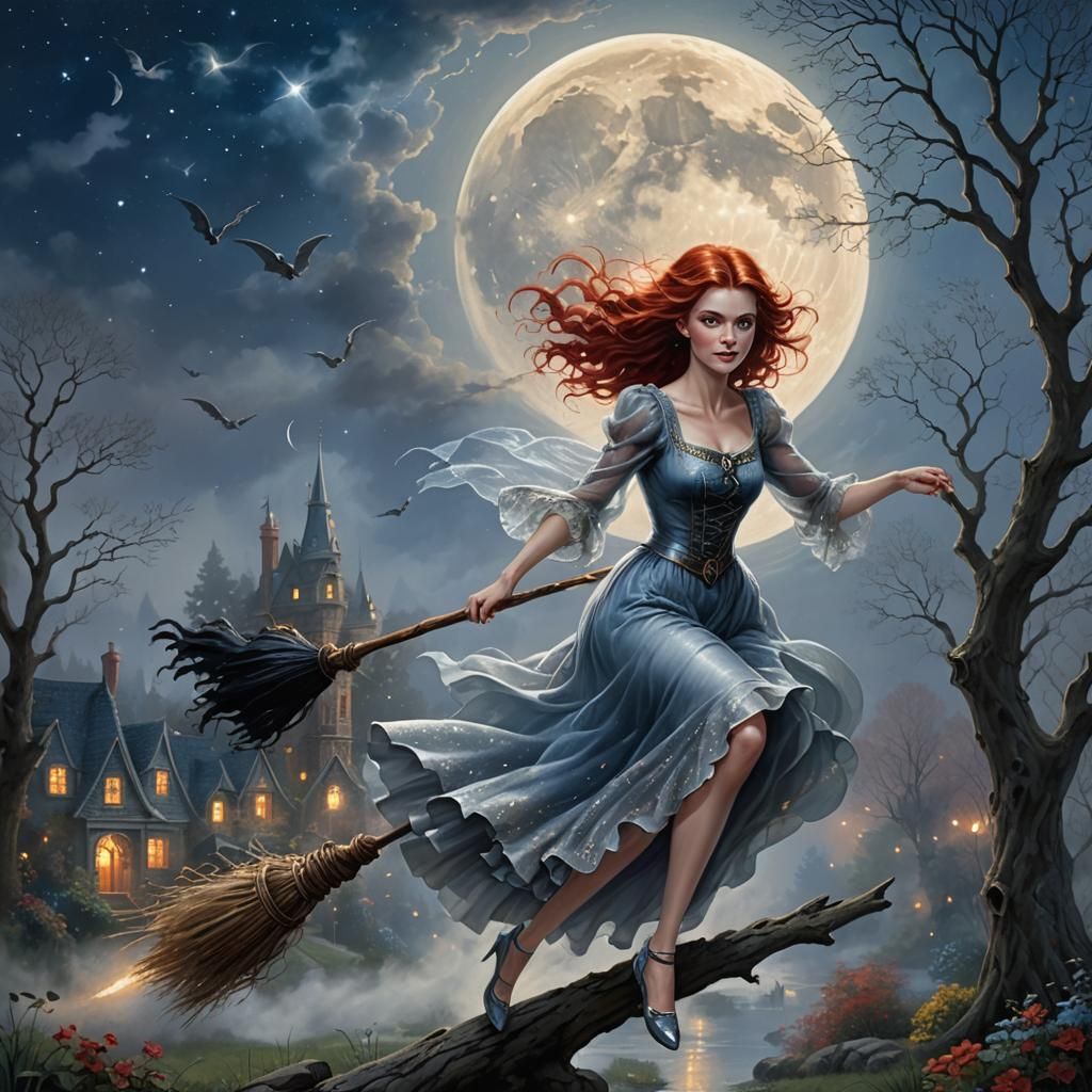 Ethereal Witch Flying Under Full Moon