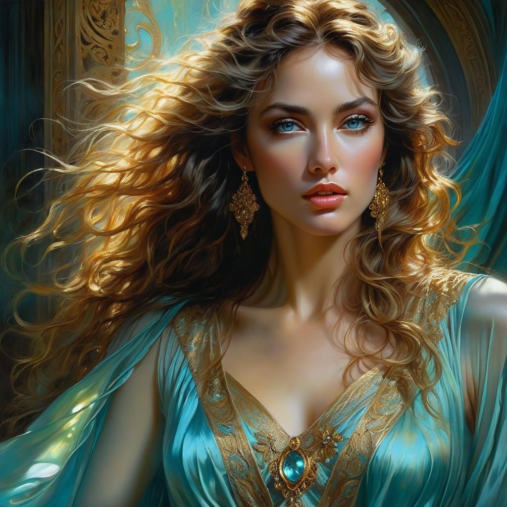 Young Woman with Aqua Eyes in Surreal Digital Painting