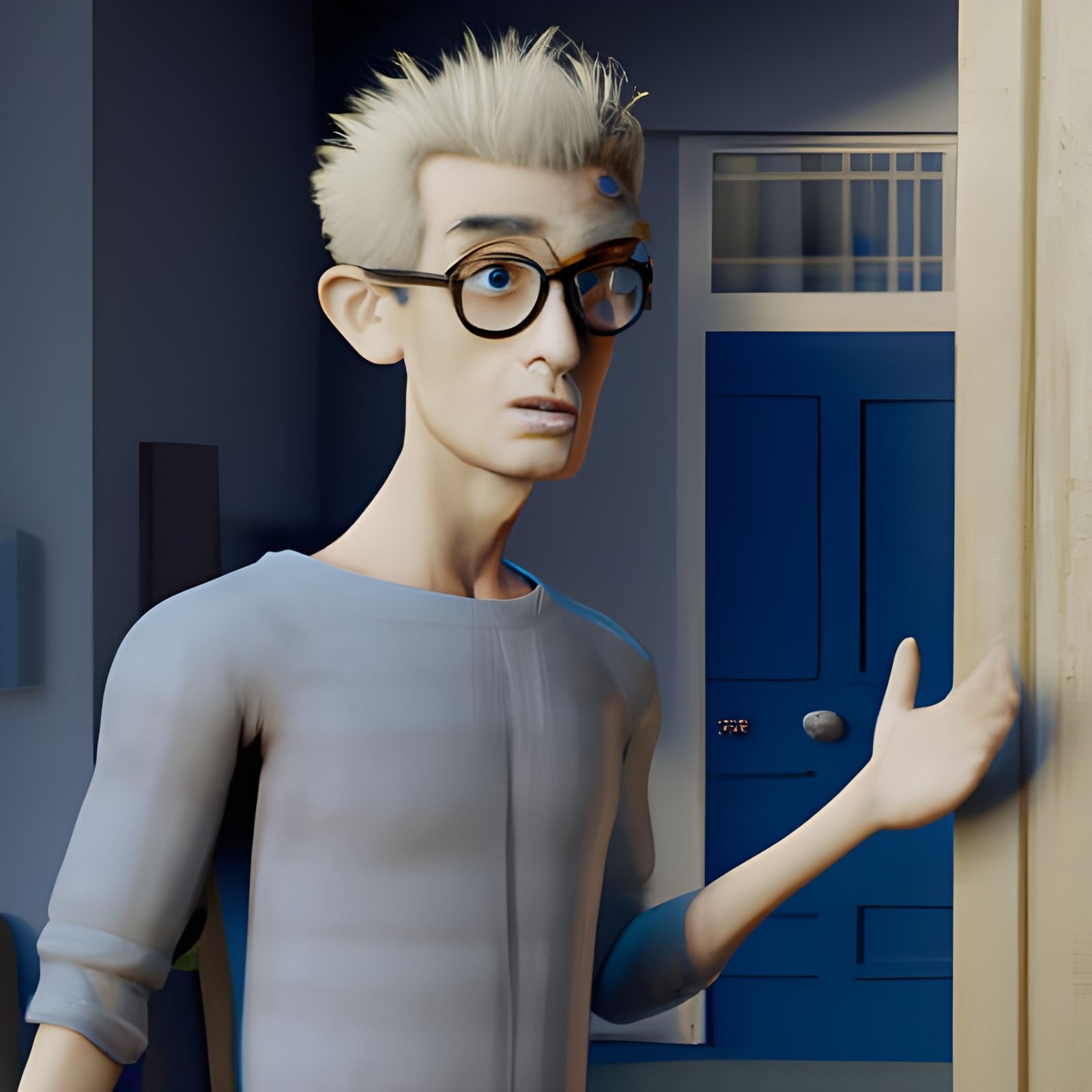 Confused Man Outside Office Door in 3D Art Style