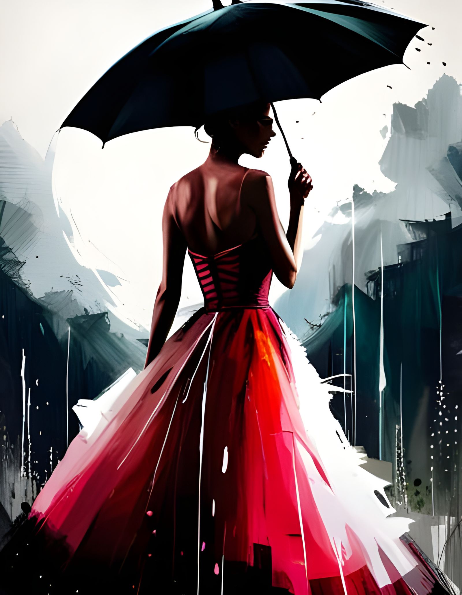 Woman in Red Tulle Dress on Rainy Day