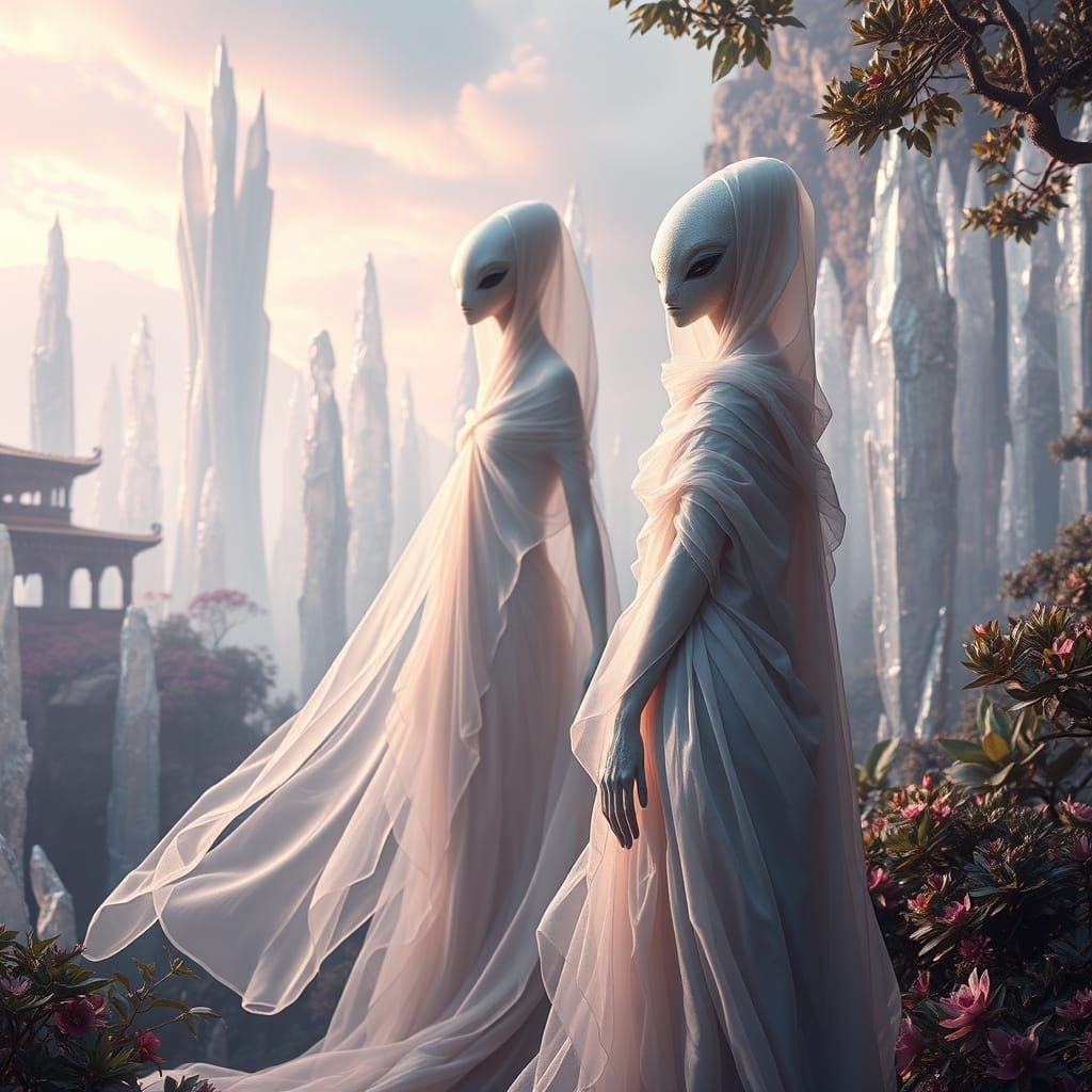 Ethereal Alien Beings in Luminous Silk Landscape