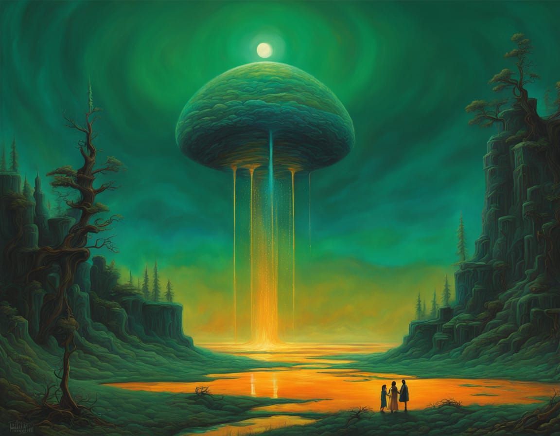 Ethereal Golden Hues Dance Across Mystical Landscape