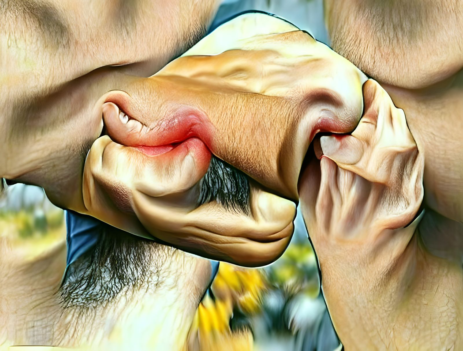 Man's Mouth Becomes Another Man's Elbow