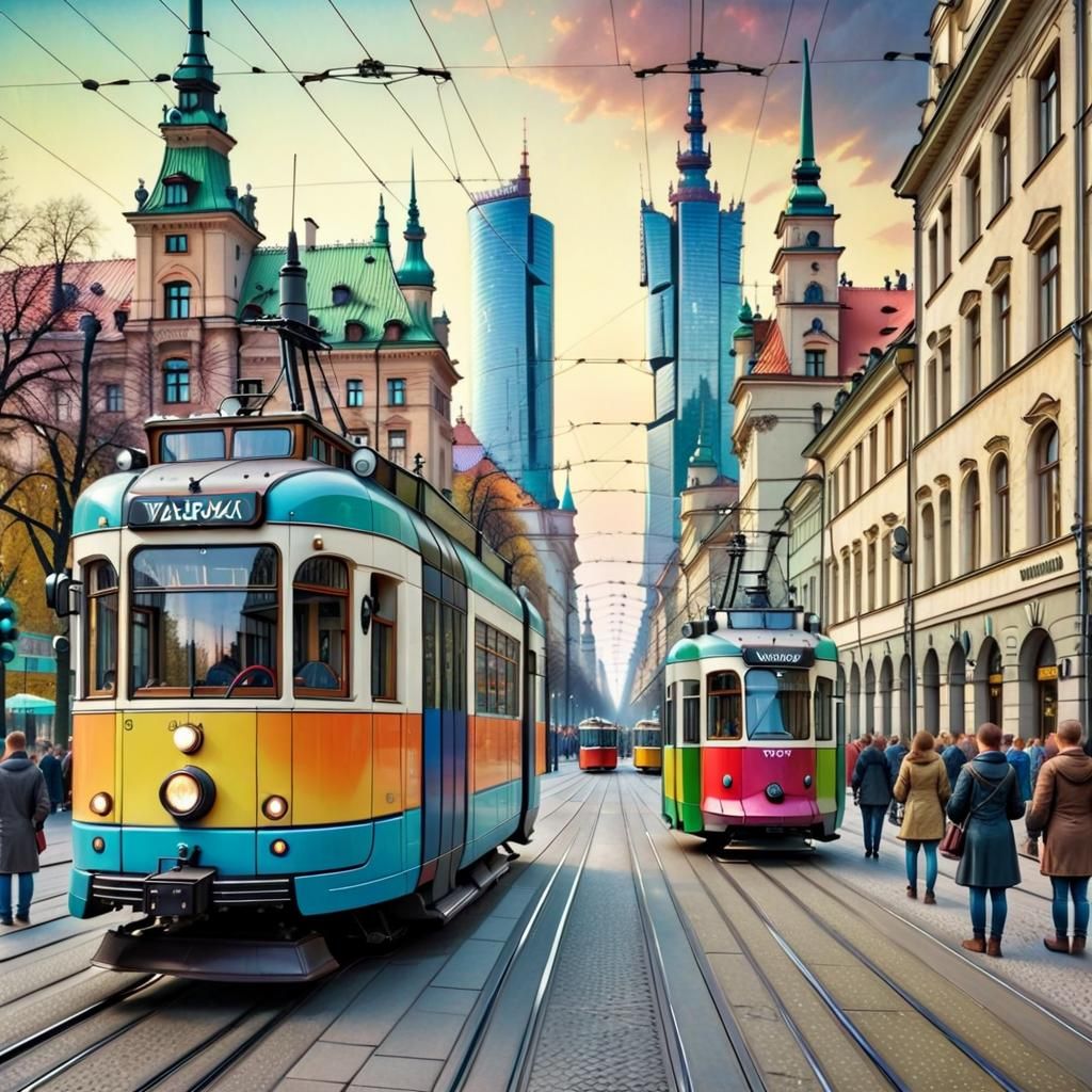Colorful, beautiful Busy Warsaw street with stunning trams