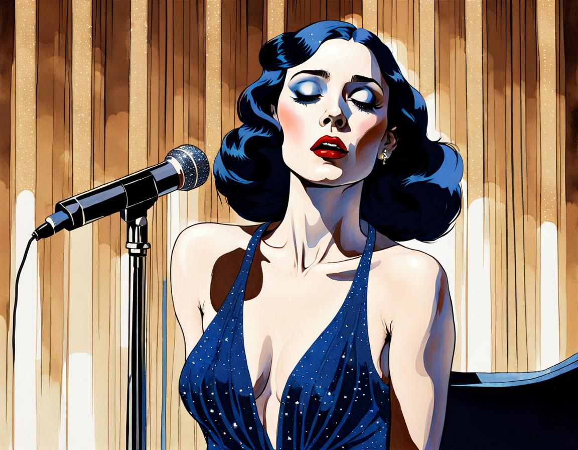 Singer in Blue Velvet Dress, Tempera Painting